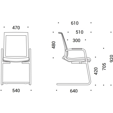 Dimensions de la chaise EVA avec accoudoirs et piètement luge.