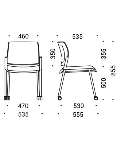 Dimensions de la chaise AURA 4 pieds sur roulettes.