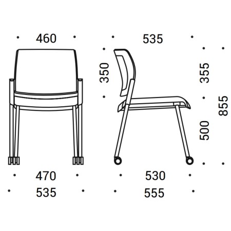 Dimensions de la chaise AURA 4 pieds sur roulettes.