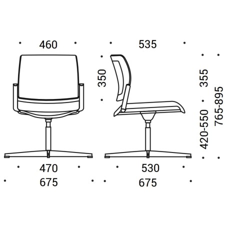 Dimensions de la chaise AURA avec piètement étoile.