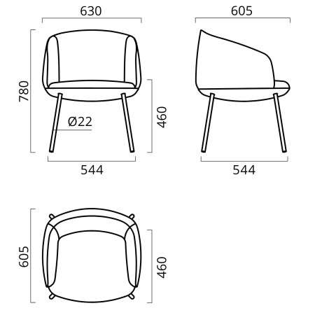 Dimensions de la chaise KOPA 4 pieds métal.