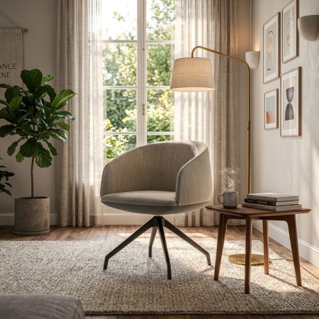 Fauteuil KOPA beige avec dossier enveloppant et base pyramide noire. 2
