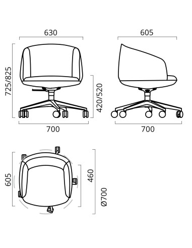 Dimensions de la chaise de bureau KOPA réglable.