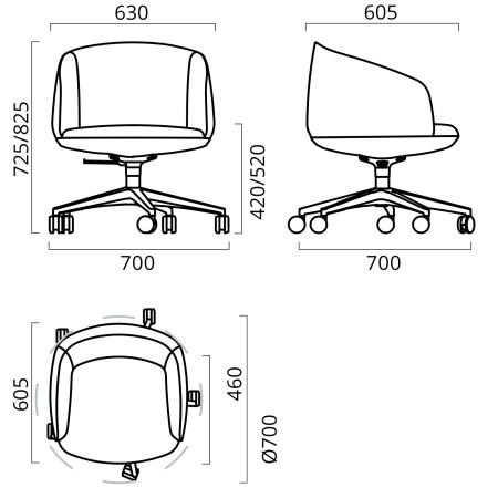 Dimensions de la chaise de bureau KOPA réglable.