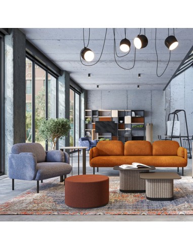 Fauteuil et canapé MYAMI aménagés dans un espace lounge professionnel à Neuchâtel.