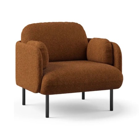 Fauteuil lounge MYAMI avec pieds métalliques noirs et revêtement tissu bouclé brun.
