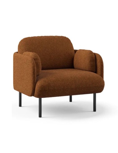 Fauteuil lounge MYAMI avec pieds métalliques noirs et revêtement tissu bouclé brun.