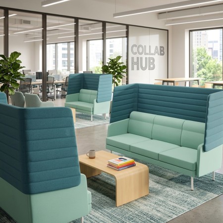 Canapé acoustique bleu 3 places ARCIPELAGO avec haut dossier pour bureaux confidentialité. 2