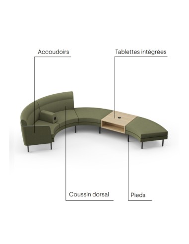 Canapé modulaire ARCIPELAGO personnalisable avec hauts dossiers, modules courbes et accessoires intégrés.