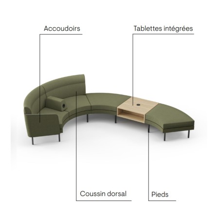 Canapé modulaire ARCIPELAGO personnalisable avec hauts dossiers, modules courbes et accessoires intégrés.