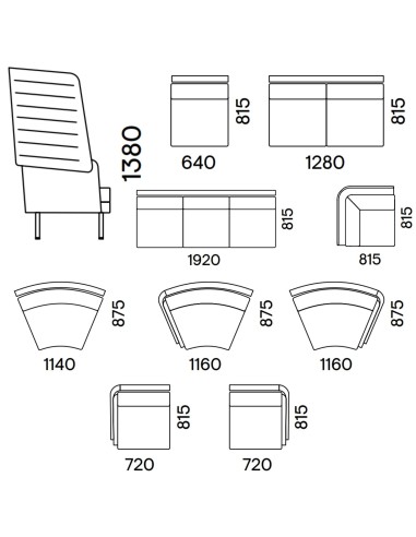 Dimensions des canapés modulaires dossier haut ARCIPELAGO.