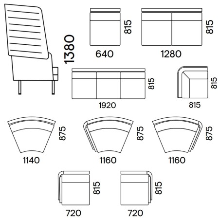 Dimensions des canapés modulaires dossier haut ARCIPELAGO.