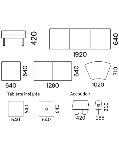 Dimensions des modules banquettes des canapés ARCIPELAGO.