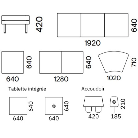 Dimensions des modules banquettes des canapés ARCIPELAGO.