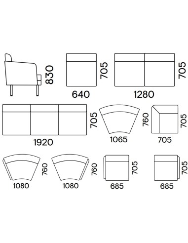 Dimensions des modules du canapé ARCIPELAGO.