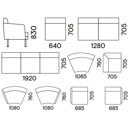 Dimensions des modules du canapé ARCIPELAGO.