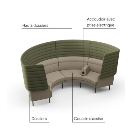 Schéma des accessoires du canapé modulaire ARCIPELAGO avec tablette intégrée, accoudoir et coussin dorsal.