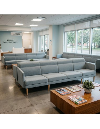 Canapés modulaires ARCIPELAGO 4 places aménagés dans une salle d'attente d'un établissement de santé.