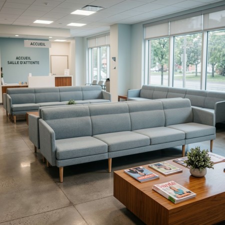 Canapés modulaires ARCIPELAGO 4 places aménagés dans une salle d'attente d'un établissement de santé.