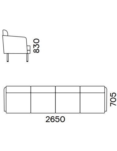 Dimensions du canapé modulaire ARCIPELAGO 4 places de 265 cm de largeur avec dossier et accoudoirs.