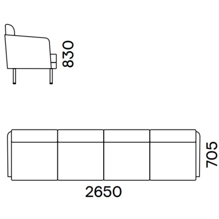 Dimensions du canapé modulaire ARCIPELAGO 4 places de 265 cm de largeur avec dossier et accoudoirs.