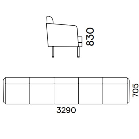Dimensions du canapé modulaire ARCIPELAGO 5 places 329 x 70,5 x 83 cm.