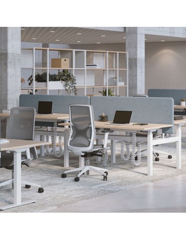 Bureaux assis-debout B-ACTIVE équipés d’écrans acoustiques TOP 530 dans un espace pro à Genève.
