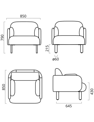 Dimensions du fauteuil MYAMI 1 place avec pieds en bois.