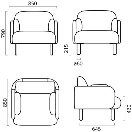 Dimensions du fauteuil MYAMI 1 place avec pieds en bois.