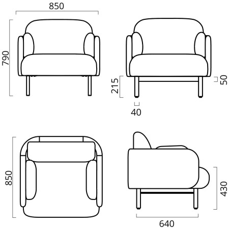 Dimensions du fauteuil MYAMI avec structure en bois massif.