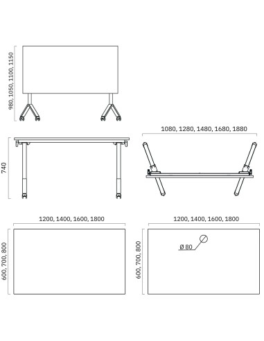 Dimensions de la table pliante et mobile FLIPTOP découpe ronde.