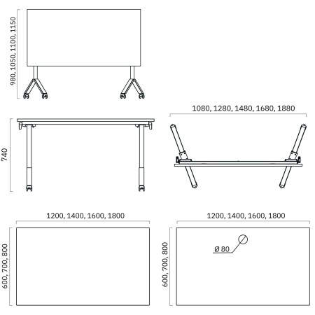 Dimensions de la table pliante et mobile FLIPTOP découpe ronde.