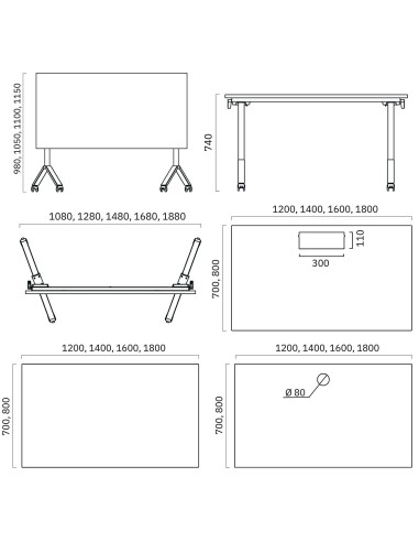 Dimensions de la table rabattable 120 à 180 x 70 à 80 cm FLIPTOP.