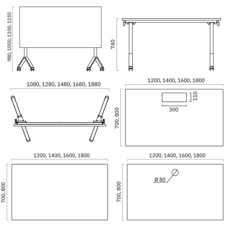 Dimensions de la table rabattable 120 à 180 x 70 à 80 cm FLIPTOP.