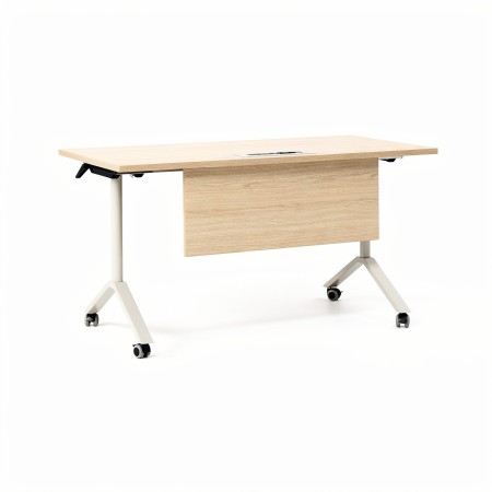Table FLIPTOP en chêne naturel avec top access rectangulaire, voile de fond et roulettes.