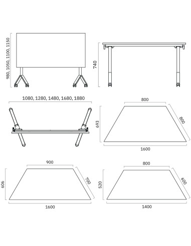 Dimensions table trapézoïdale rabattable 140 à 160 cm FLIPTOP.