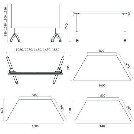 Dimensions table trapézoïdale rabattable 140 à 160 cm FLIPTOP.