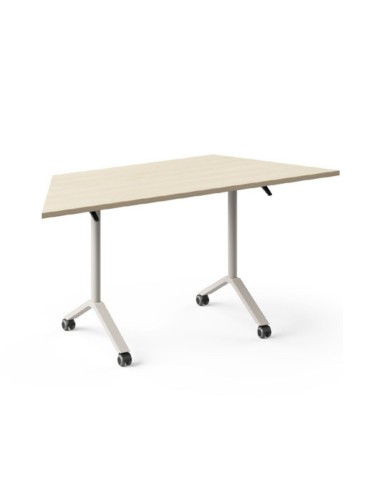 Table de liaison FLIPTOP avec plateau trapézoïdal en chêne naturel et piètement blanc sur roulettes.