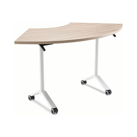 Table de liaison FLIPTOP avec plateau demi-lune en chêne naturel et piètement blanc