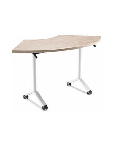 Table de liaison FLIPTOP avec plateau demi-lune en chêne naturel et piètement blanc