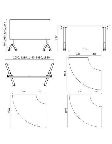 Dimensions table de liaison mobile demi-lune sur roulettes FLIPTOP.