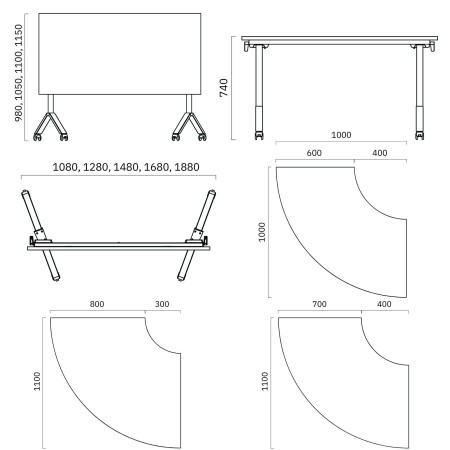 Dimensions table de liaison mobile demi-lune sur roulettes FLIPTOP.