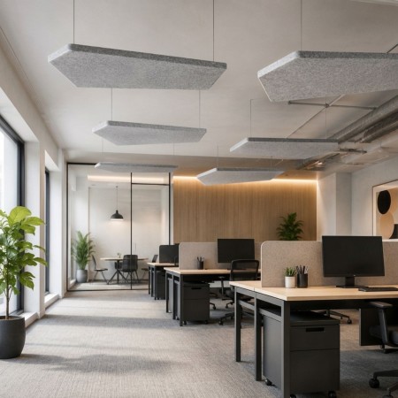 Panneaux acoustiques suspendus asymétriques Silent Block Sky dans un open space