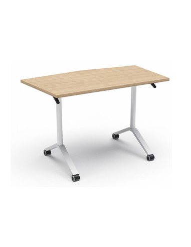 Table de liaison polygonale FLIPTOP avec plateau chêne naturel et piètement blanc.