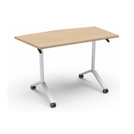 Table de liaison polygonale FLIPTOP avec plateau chêne naturel et piètement blanc.