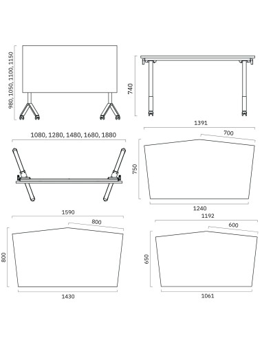 Dimensions des trois plateaux polygonaux FLIPTOP.
