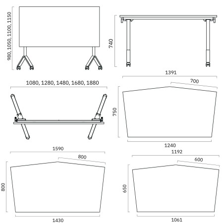 Dimensions des trois plateaux polygonaux FLIPTOP.