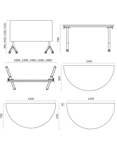 Dimensions Table de liaison semi-circulaire mobile  FLIPTOP.