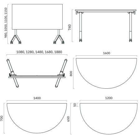 Dimensions Table de liaison semi-circulaire mobile  FLIPTOP.