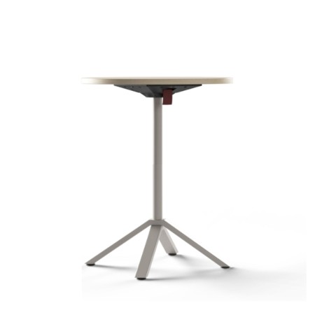 Table bistro ronde FLIPTOP avec plateau chêne naturel rabattable et piètement central gris.